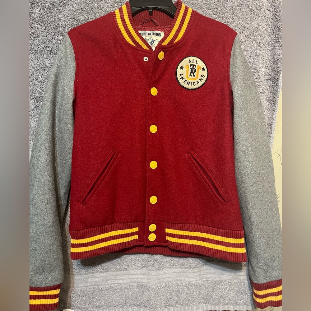 True Religion Burgundy and Gray Varsity Jacket